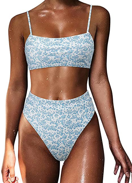 MOSHENGQI Women High Wasited Bikini Shoulder Strap 2 Piece High Cut String Swimsuits | Amazon (US)