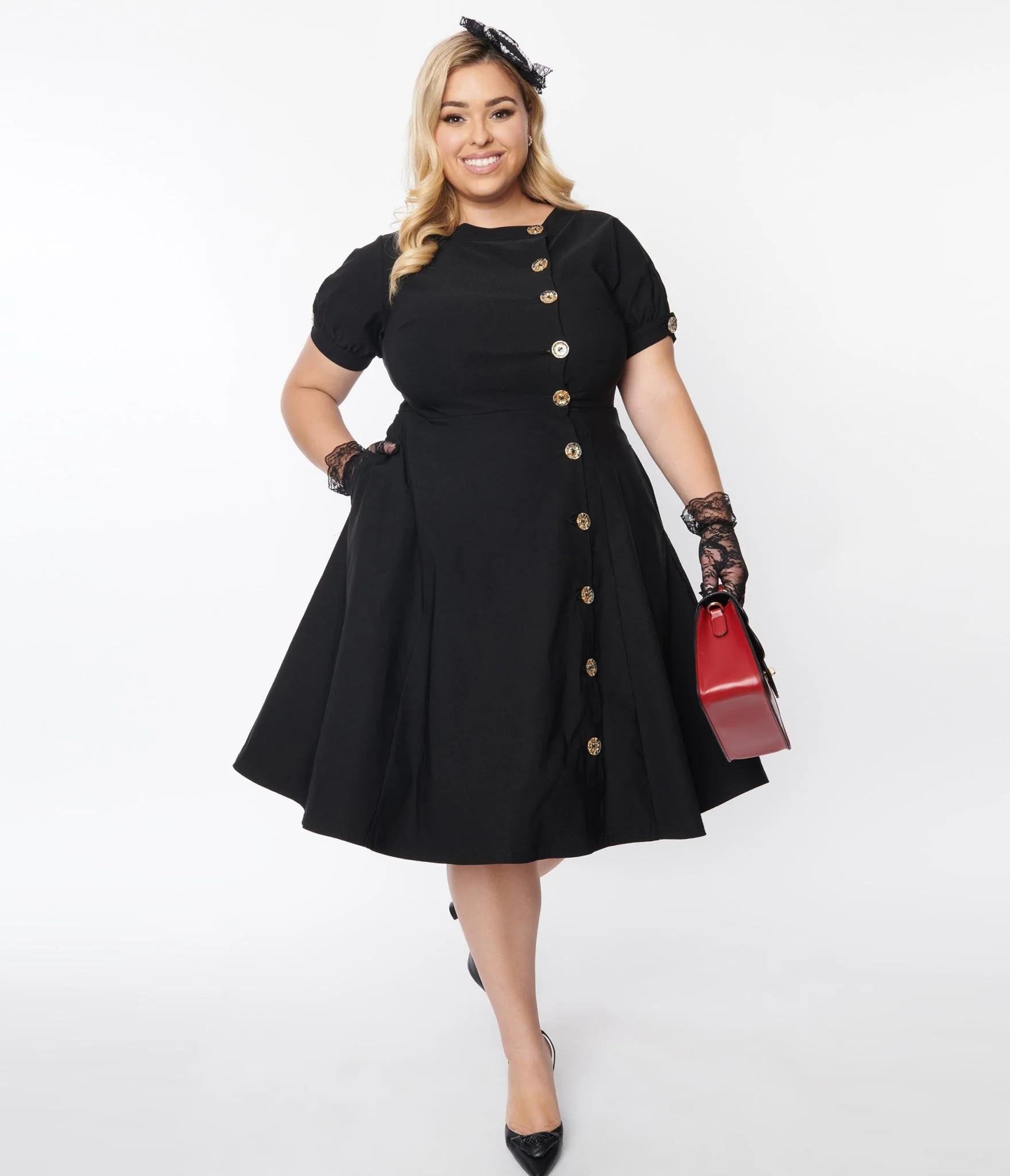 Unique Vintage Plus Size Black Button Swing Dress | Unique Vintage - North America