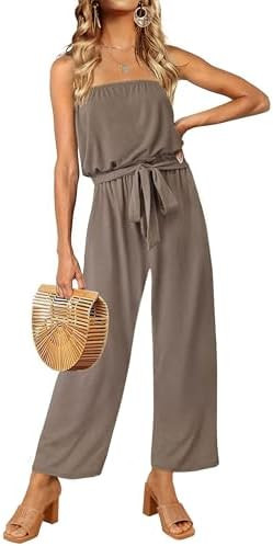 ZESICA Women's Casual Off Shoulder Solid Color Strapless Belted Wide Leg Jumpsuit Romper | Amazon (US)