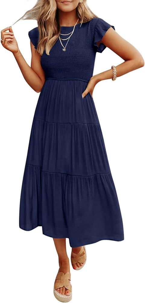 ZCSIA Women's 2023 Summer Casual Ruffle Short Sleeve Crewneck Smocked Tiered A Line Midi Dress | Amazon (US)