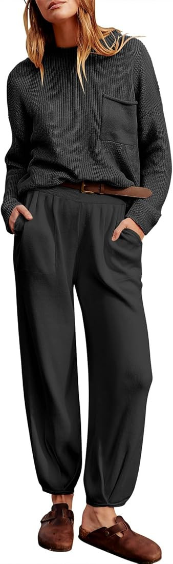 Caracilia Womens 2 Piece Outfits Sweater Sets Long Sleeve Knit Tops and Loose Pants Classy Matchi... | Amazon (US)