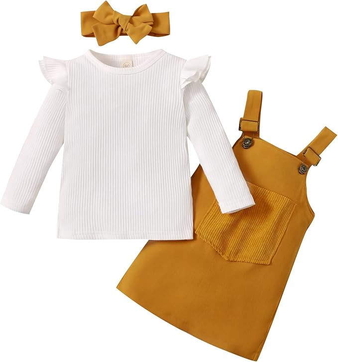 Toddler Baby Girls Fall Outfit Knit Rib Romper Top + Overalls Dress + Headband Winter Clothes for... | Amazon (US)