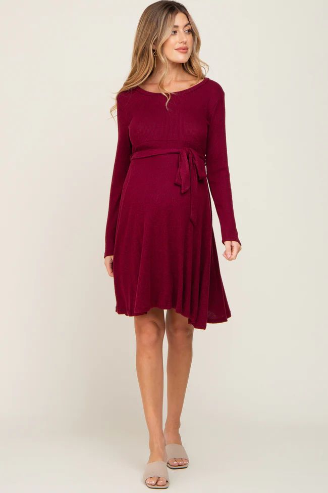 Burgundy Soft Rib Knit Sash Tie Maternity Dress | PinkBlush Maternity