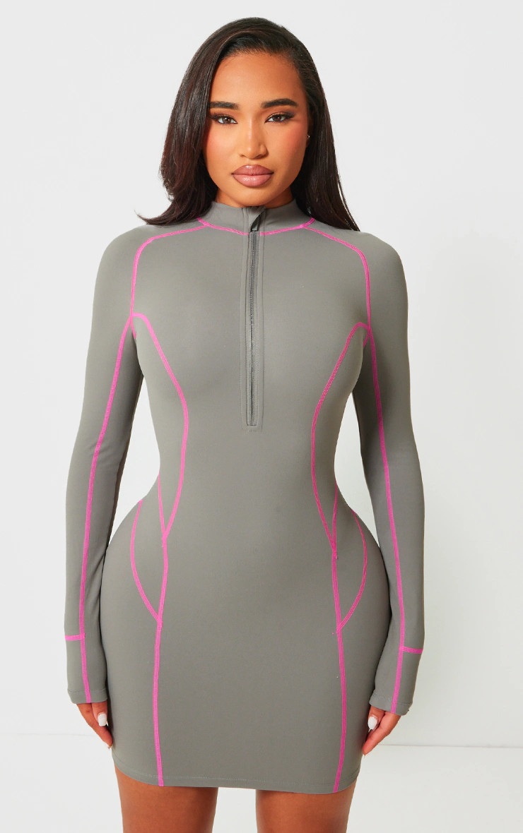 Shape Charcoal Contrast Long Sleeve Bodycon Dress | PrettyLittleThing US