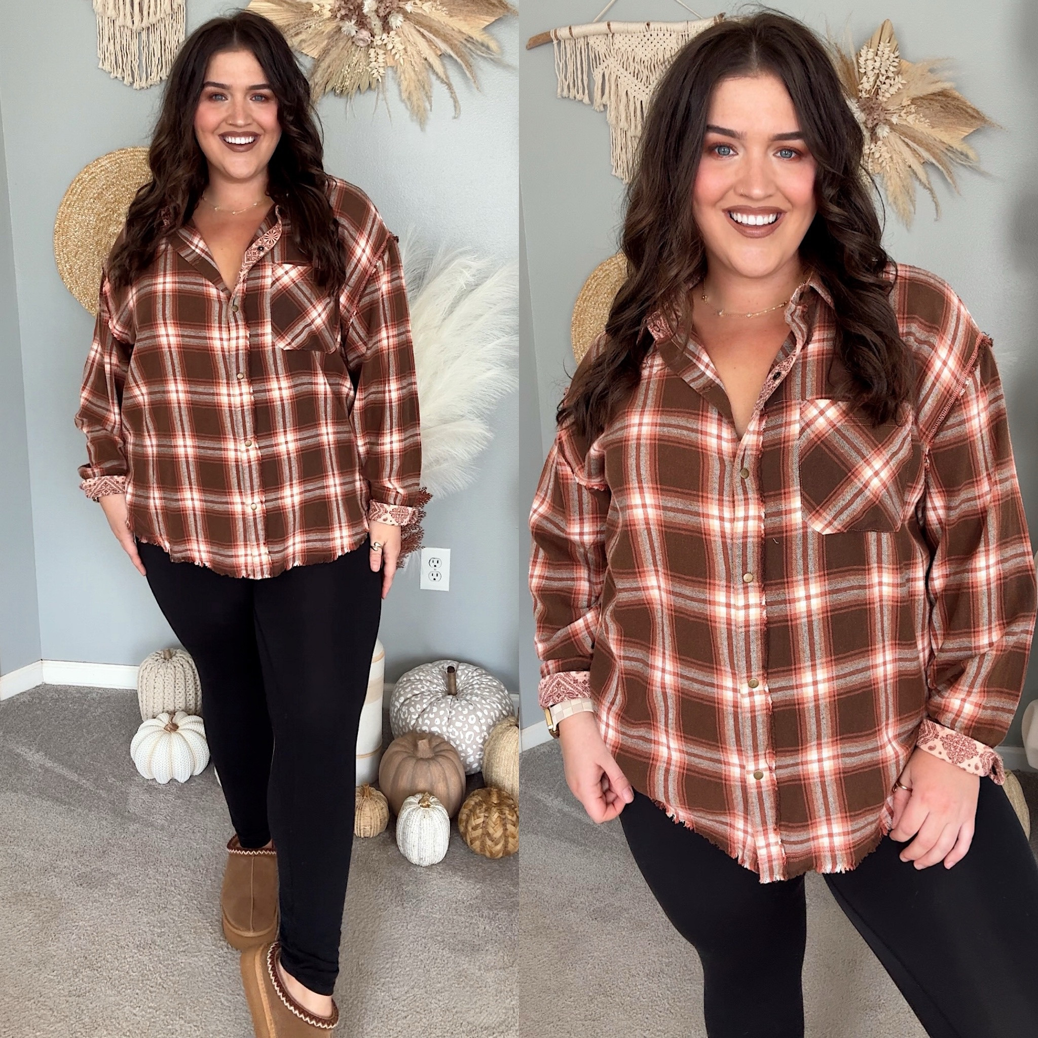 How cute is this flannel? 🤎🍂 Love the colors for Fall! Wearing a size XL in shirt and  in leggings

#LTKMidsize #LTKSeasonal #LTKStyleTip
