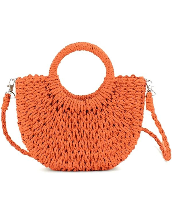 QTKJ Mini Semi-circle Rattan Straw Bag, Hand-woven Women Summer Retro Beach Tote Shoulder Bag Cro... | Amazon (US)
