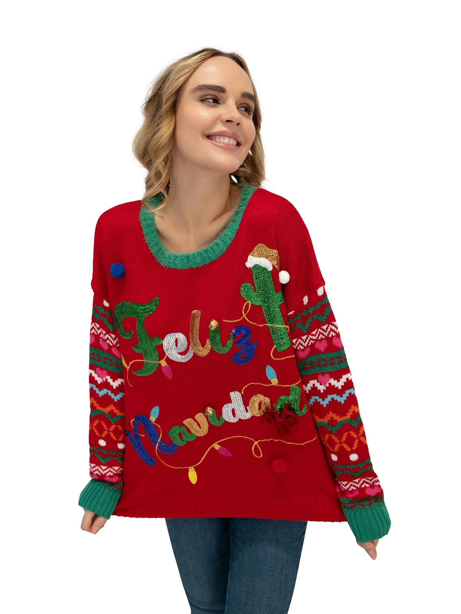 33 Degrees Women's Feliz Navidad Sequin Christmas Sweater | Walmart (US)