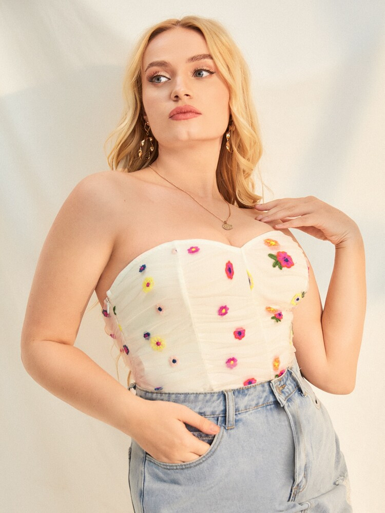 SHEIN Plus Floral Embroidered Mesh Ruched Tube Bodysuit | SHEIN