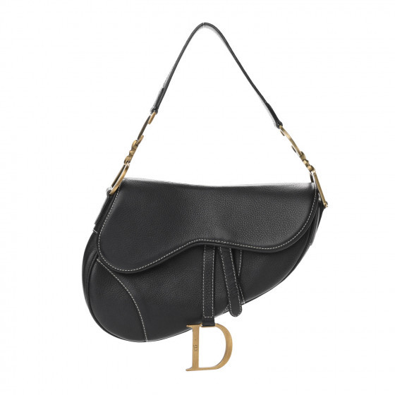CHRISTIAN DIOR Grained Calfskin Saddle Bag Black | Fashionphile