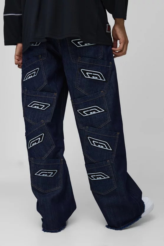 Baggy Fit Rigid Indigo Multi Pocket Embroidered Jeans | boohooMAN (US & Canada)