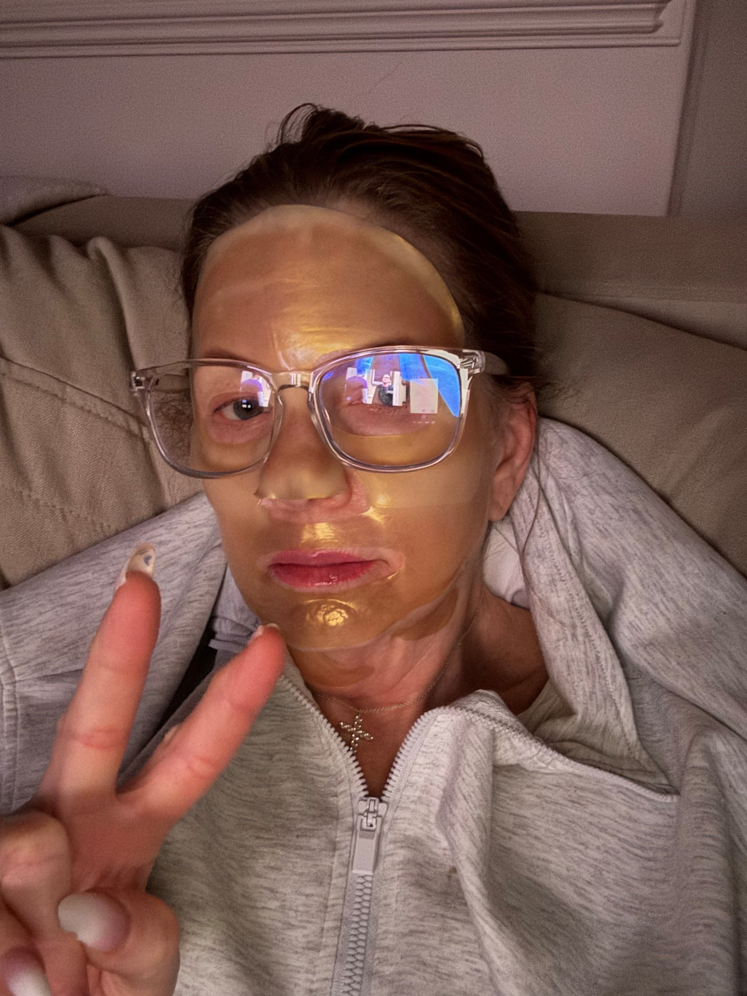 Just a nerd 🤓 trying to get my glow on. 😂 This is my favorite skincare mask that’s gone viral. Starts off white and after 30+ minutes it turns gold. 💛🌟🍯🔆👱‍♀️

It’s infused with actual 24k gold, 37 grams of collagen and 31 peptides. Leaves my skin dewy and firm. 

#LTKBeauty #LTKselfcare #LTKWedding