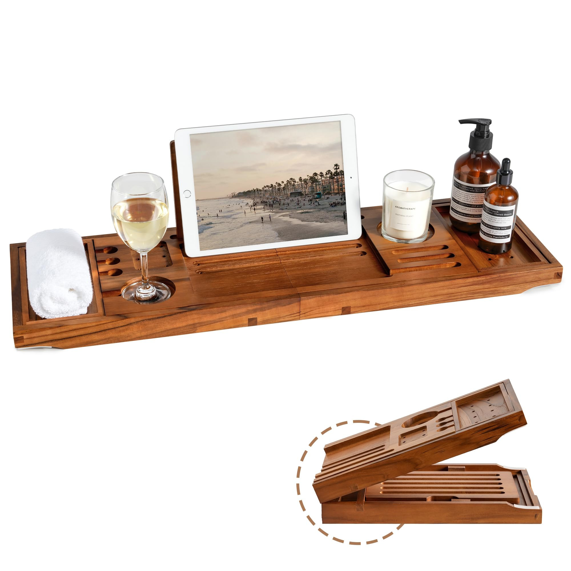 Teak Bathtub Tray | Adjustable Width Tray with Wine Holder, Tablet/Phone & Book Stand, Splash-Pro... | Amazon (US)