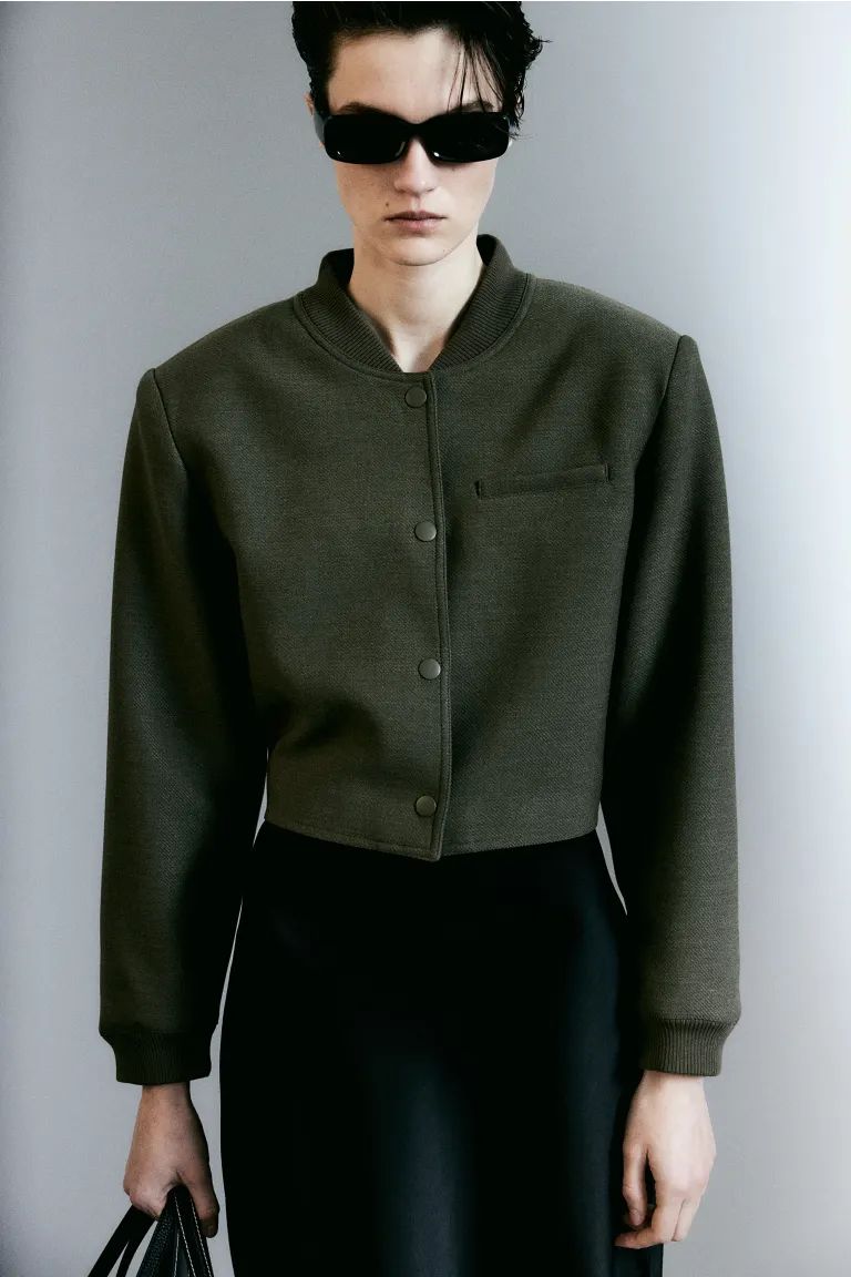 Short shoulder-pad jacket - Dark khaki green - Ladies | H&M GB | H&M (UK, MY, IN, SG, PH, TW, HK)