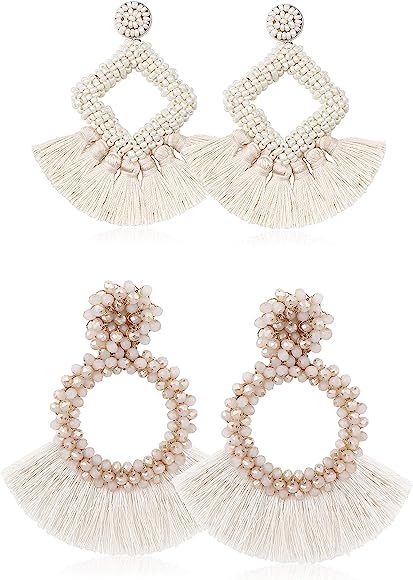 2 Pairs Tassel Earrings for Women Statement Handmade Beaded Fringe Dangle Earrings Idea Gift | Amazon (US)