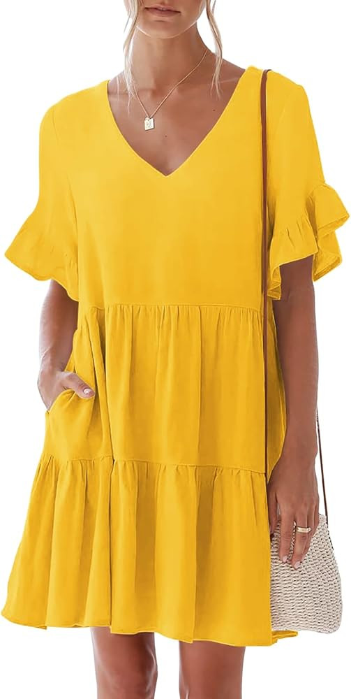 nclook Women's Summer Casual Dress Sweet & Cute V-Neck Mini Dress with Pocket Short Sleevele Ruff... | Amazon (US)