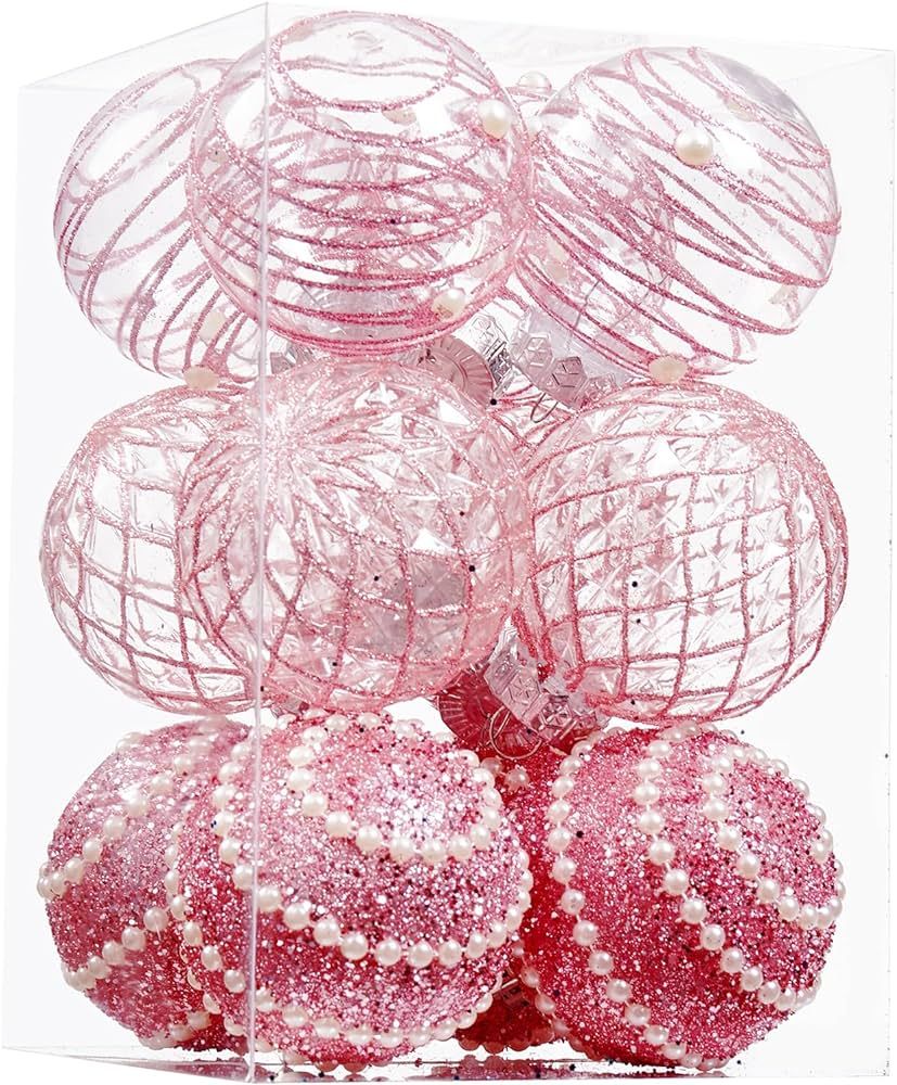 12CT Christmas Ball Ornaments Pink Shatterproof Clear Large Plastic Christmas Tree Decoration, De... | Amazon (US)