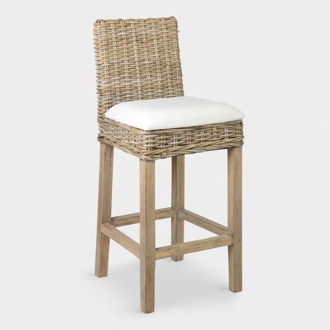 Light Gray Rattan and Teak Bea Barstool with Cushion | World Market