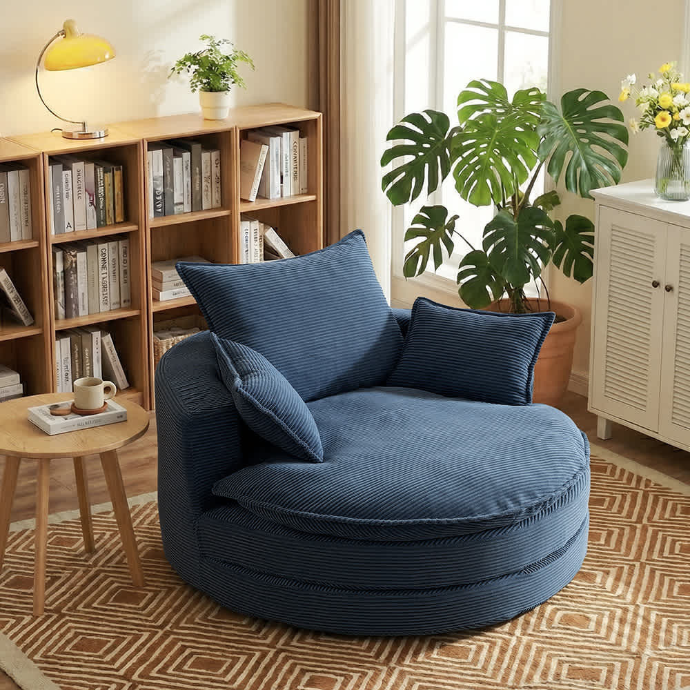 Coolbibila Oversized Blue Corduroy Swivel Sofa Chair Barrel Chair with Cushion and Pillows for Living Room one_size | NIKKO-CHAIR-BLUE | Lowe's