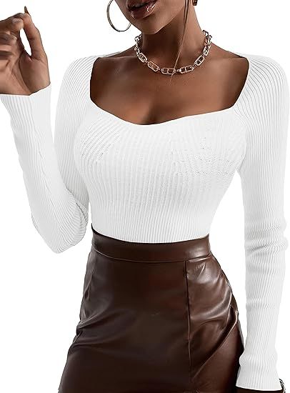 Womens Sexy Square Neck Sweaters Ribbed Knitted Long Sleeve Winter Slim Fitted Pullover Tops | Amazon (US)