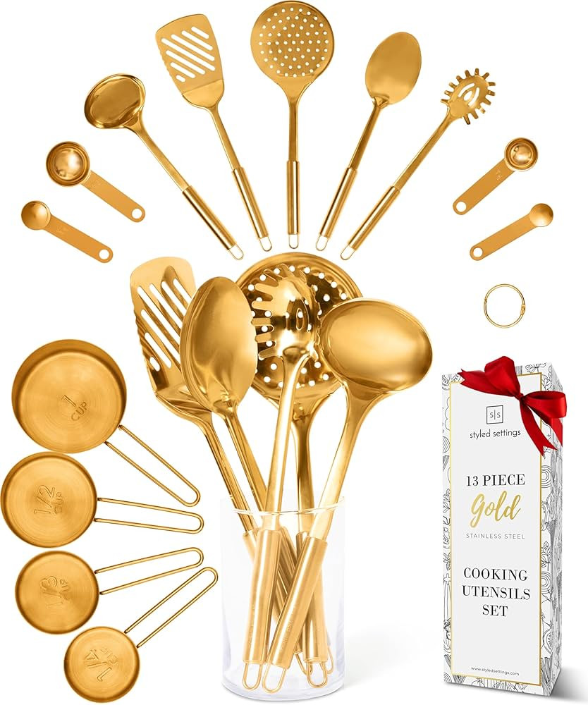 Gold Cooking Utensils with Gold Measuring Cups and Spoons Set (13-Pieces), Gold Kitchen Accessori... | Amazon (US)