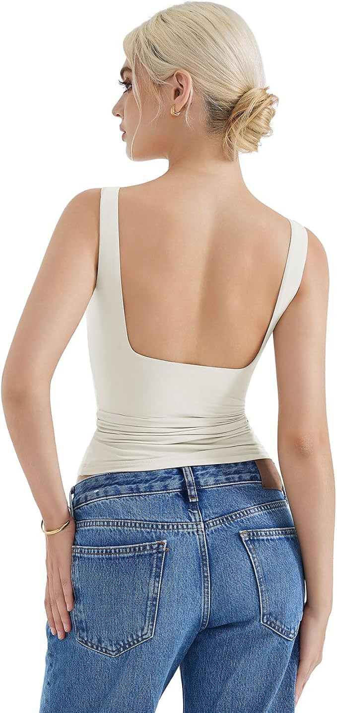 SUUKSESS Women Double Lined Open Back Boat Neck Tank Tops Sleeveless Shirts | Amazon (US)