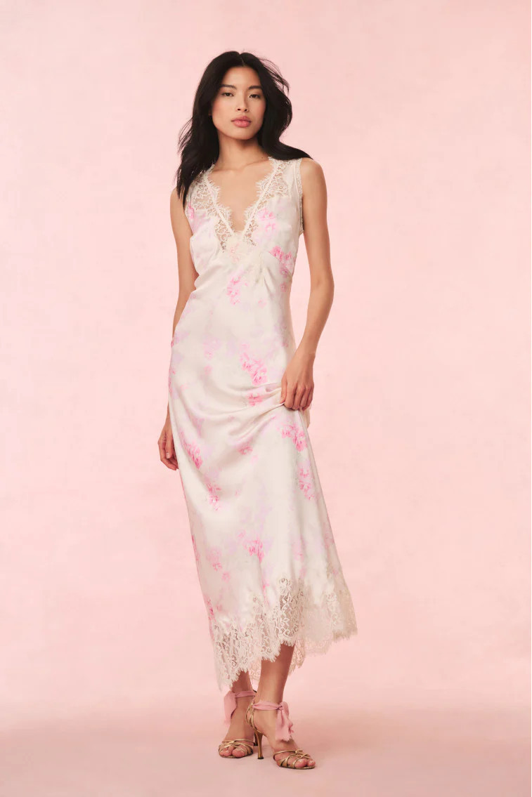 Serene Satin Lace-Trimmed Maxi Dress | LoveShackFancy