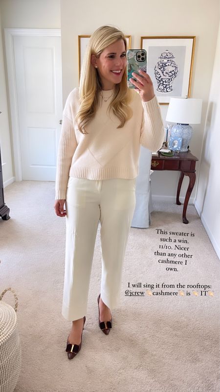 Love this cashmere sweater! Wearing a small and it fits TTS! I would suggest sizing up one size in the pants since they are cream!