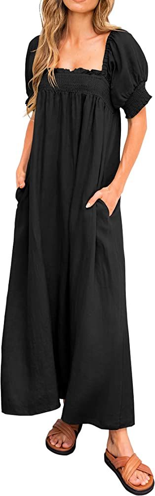 KIRUNDO 2023 Women's Summer Puff Sleeve Square Neck Loose Maxi Dress Pocketed Babydoll Maternity ... | Amazon (US)