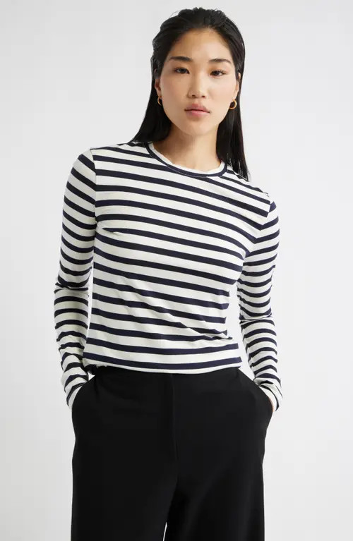 Nordstrom Long Sleeve Crewenck T-Shirt in Ivory- Navy Stripe at Nordstrom, Size Small | Nordstrom