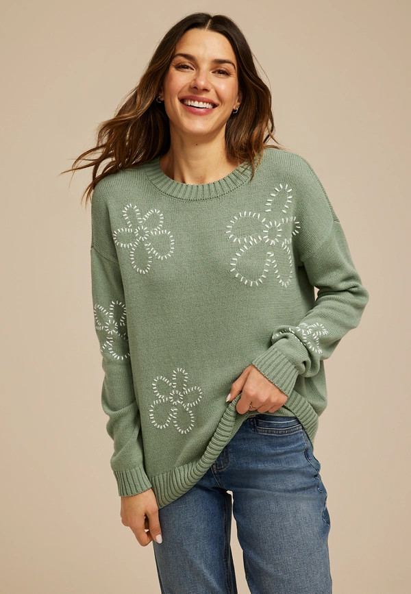 Floral Whip Stitch Crew Neck Sweater | Maurices