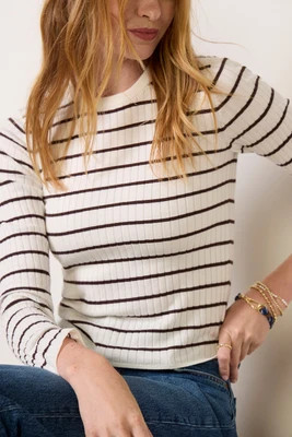 EVEREVE Women's Tia Ribbed Sweater Top, Size XL, Ivory/Cocoastripe White | Evereve