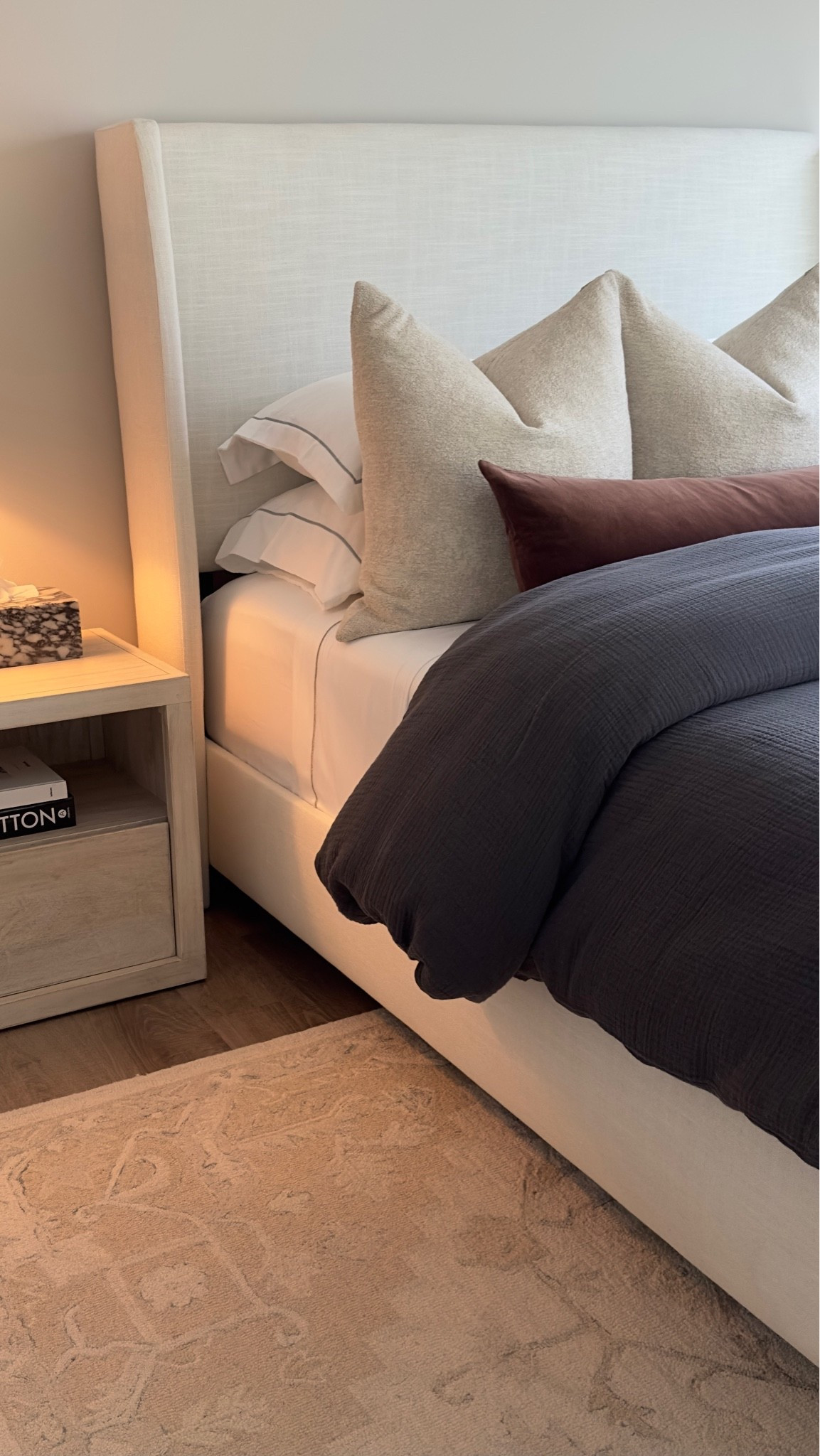 Duvet color - charcoal 
Lumbar color - chestnut 
Lumbar insert size 13x50