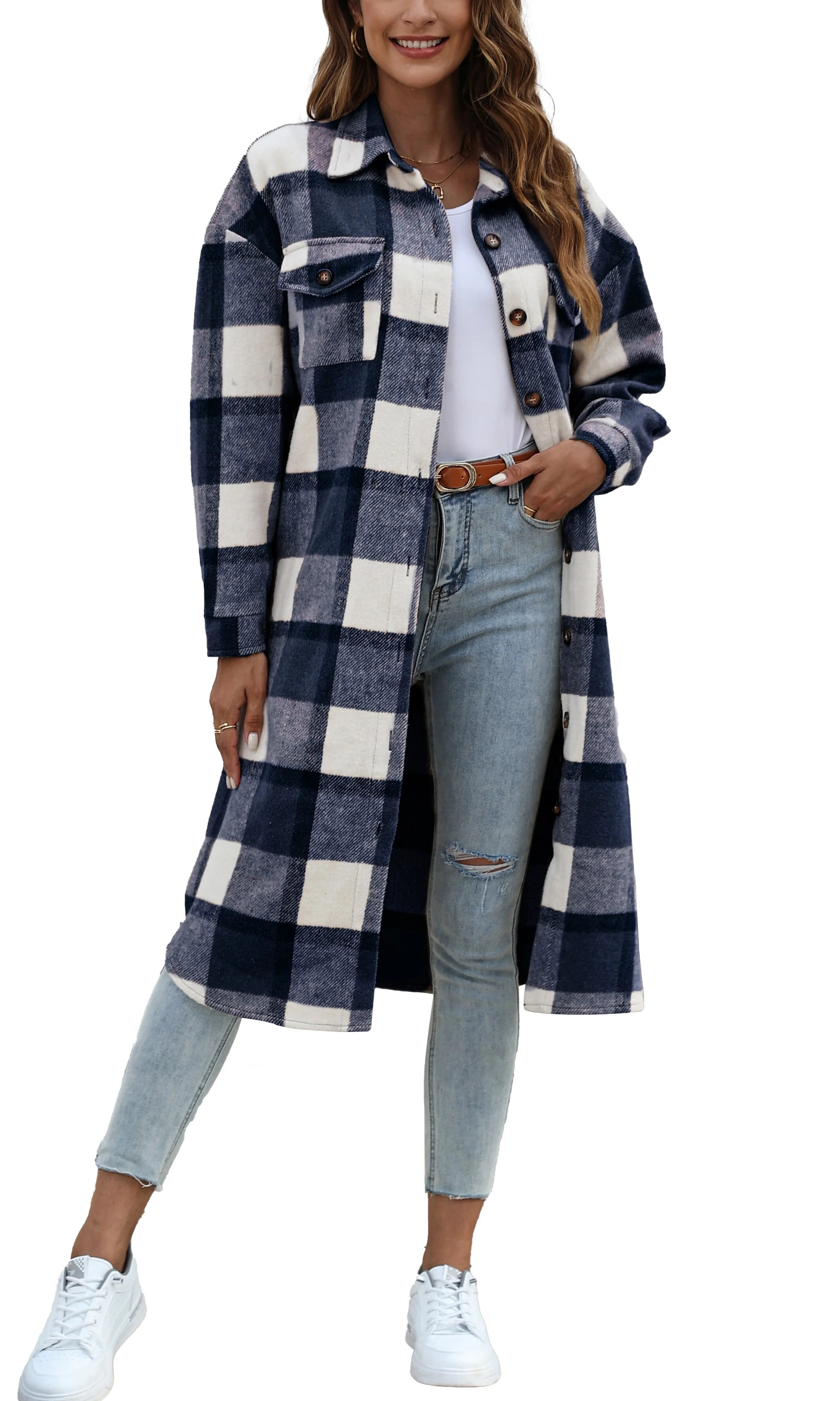 Fantaslook Flannel Shirts for Women Button Up Plaid Shirt Long Pocketed Shacket Jacket Coat | Walmart (US)