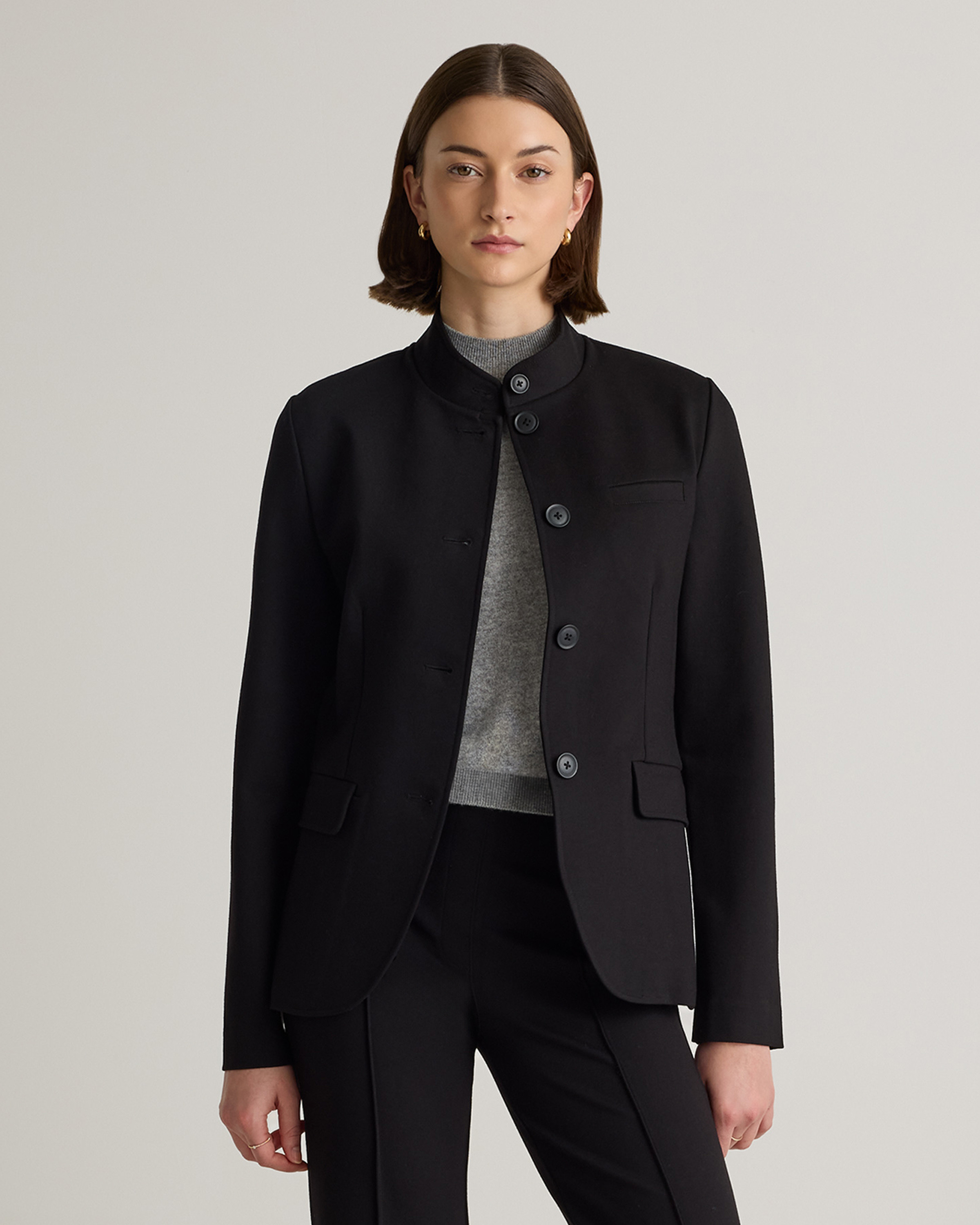 Quince | Women's Ultra-Stretch Ponte Stand Collar Blazer in Black, Size Medium, Rayon | Quince