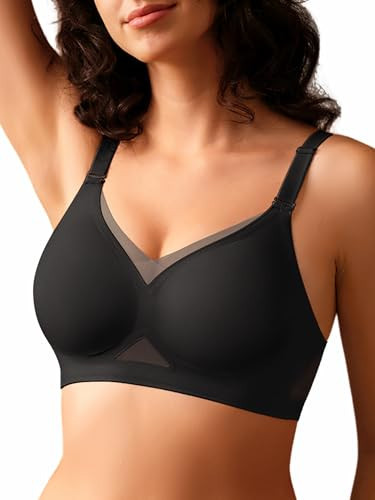 SHARICCA Bras for Women No Underwire Seamless Comfortable Mesh Jelly Supportive Bras Full Coverage Padded T-Shirt Bra,Black,S | Amazon (US)