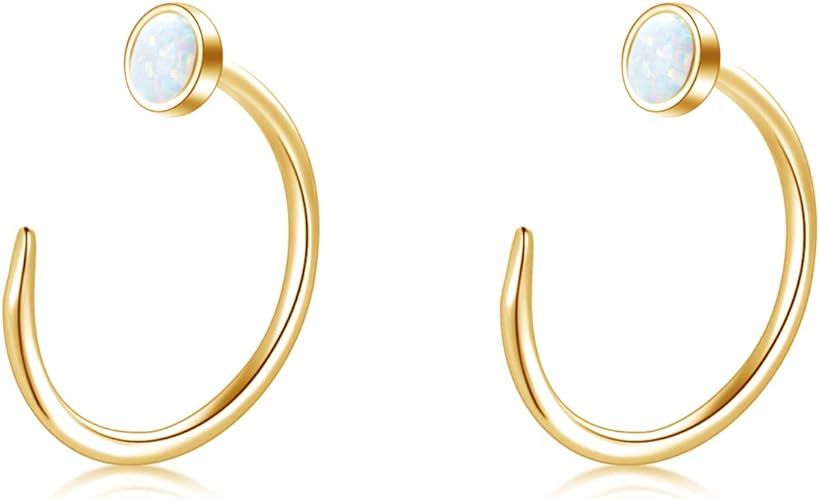 WINNICACA Sterling Silver Created Opal Ear Half Cuff Threader Huggie Hoop Earrings S925 CZ Dainty... | Amazon (US)