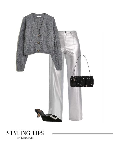 A cropped cardigan paired with metallic pants, a handbag, and mules makes a great holiday outfit.
.
.
.
.
.
.
.
Fall outfits | outfit ideas | outfit inspo | holiday looks | holiday party outfit | metallic jeans | silver pants | silver jeans | jeans outfit | jeans and heels | straight jeans | trendy jeans | cardigan outfit | gray cardigan | grey cardigan | knit cardigan | black pumps | black mules | fall shoes | fall fashion | slingback heels | black heels | holiday shoes | evening bag | black bag | winter outfit 

#LTKHolidaySale #LTKGiftGuide #LTKSeasonal #LTKFind #LTKunder50 #LTKunder100 #LTKHoliday #LTKU #LTKsalealert #LTKfindsunder50 #LTKfindsunder100 #LTKstyletip #LTKworkwear #LTKtravel #LTKshoecrush #LTKitbag 