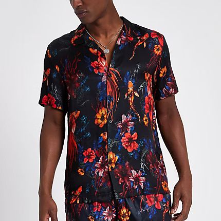 Mens Black floral fish short sleeve revere shirt | River Island (UK & IE)