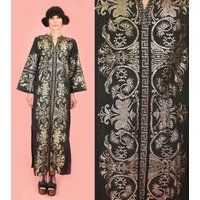 Vintage Black Gold Caftan 70's Hostess Maxi Dress // Cotton Lurex Grecian Hippie Boho Made in Greece | Etsy (US)