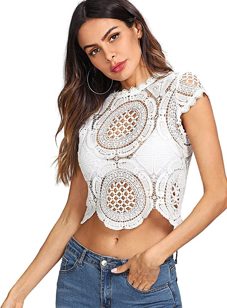 WDIRARA Women's See Through Mesh Lace Crop Top Crochet Short Sleeve Embroidered Tops | Amazon (US)