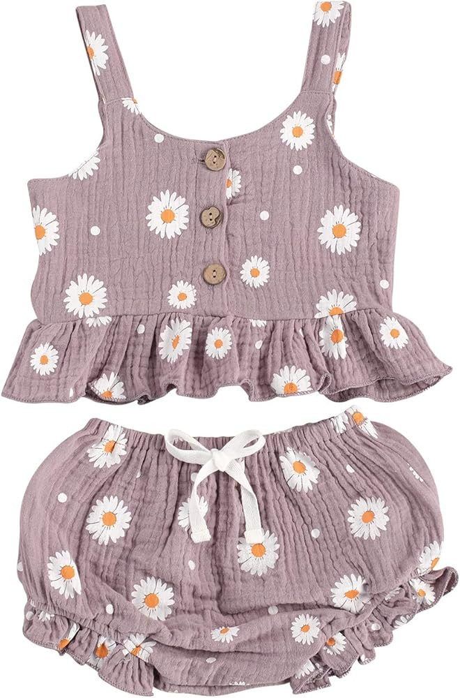 Toddler Baby Girl Cotton Linen Clothes Set Daisy Flower Print Sleeveless Ruffled Hem Tank Tops Sh... | Amazon (US)