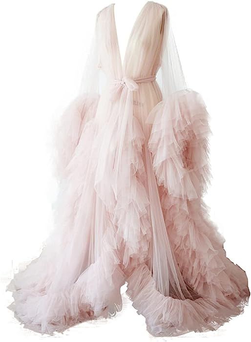 BathGown Sexy Illusion Long Lingerie Tulle Robe Nightgown Bathrobe Sleepwear Bridal Robe Wedding Sca | Amazon (US)