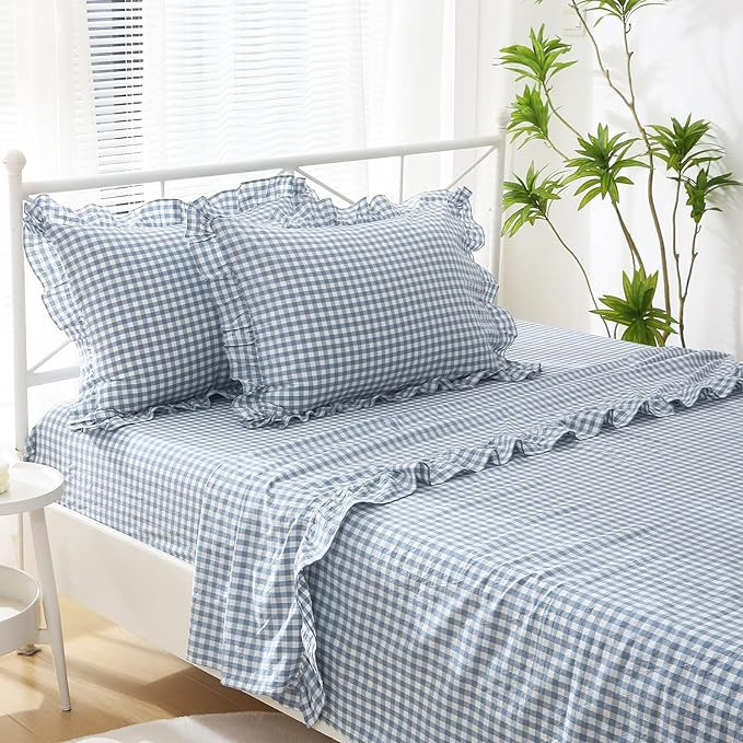 Dust Blue White Plaid Ruffle Sheets Queen Size 4-Piece Set, 300TC 100% Yarn Dyed Cotton Sheets18 ... | Amazon (US)