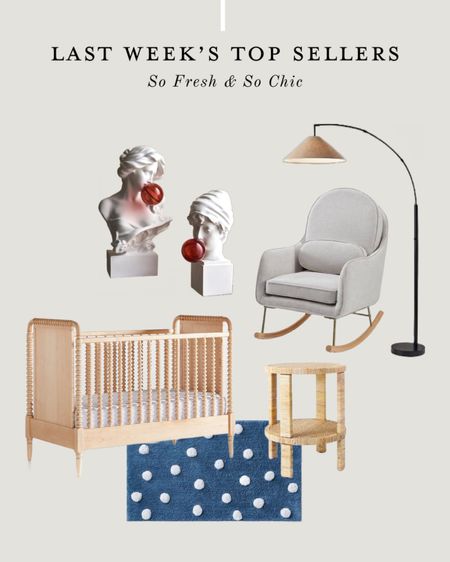 Last week’s best sellers are mostly from my nursery decor moodboards! Love!
-
Eclectic playful busts with bubble gum - polka dot bath rug kids bathroom decor - Jenny Lind maple crib - petite grey rocking chair for nursery - arched floor lamp affordable - rattan wrapped accent table Studio McGee Target Threshold - affordable home decor - neutral home decor - grey rocker - nursery furniture 

#LTKhome #LTKbaby #LTKkids