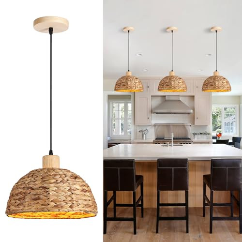 Boho Pendant Lights Kitchen Island, 11.8" Hand-Woven Rattan Light Fixture Bohemian Lighting Farmh... | Amazon (US)