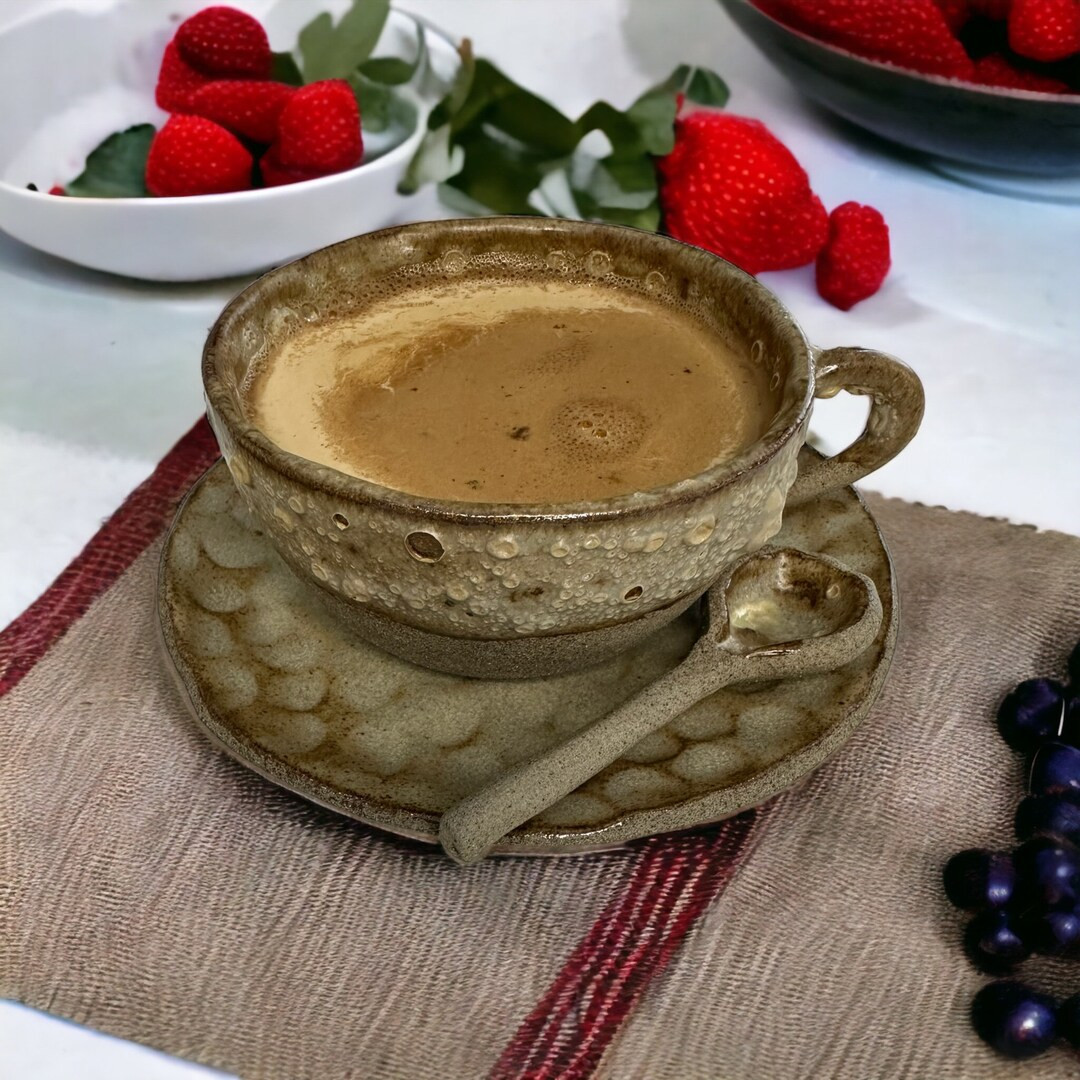 Ceramic Coffee Mug and Saucer Set, Stoneware Pottery Mug, Latte, Cappuccino - Etsy | Etsy (US)