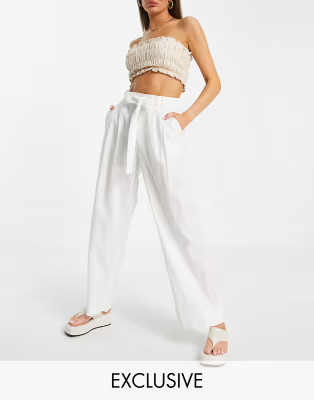 Vila linen touch tie waist wide leg pants in white | ASOS (Global)