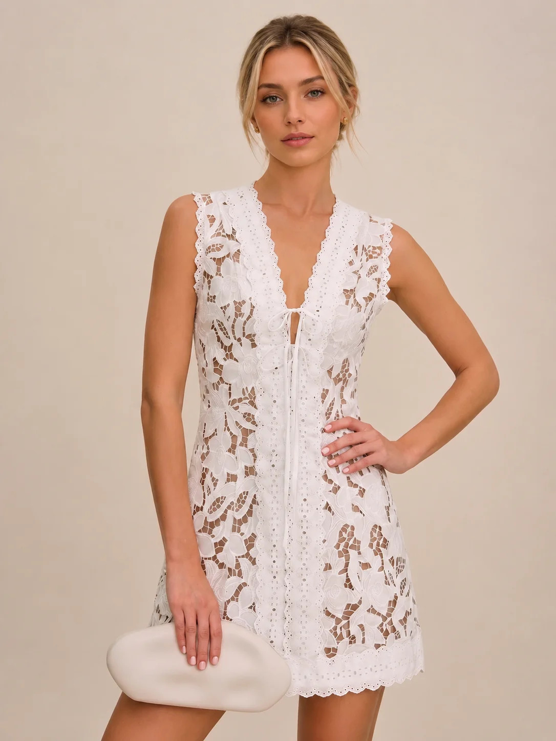 Sleeveless V Neck Lace Mini Dress | Commense