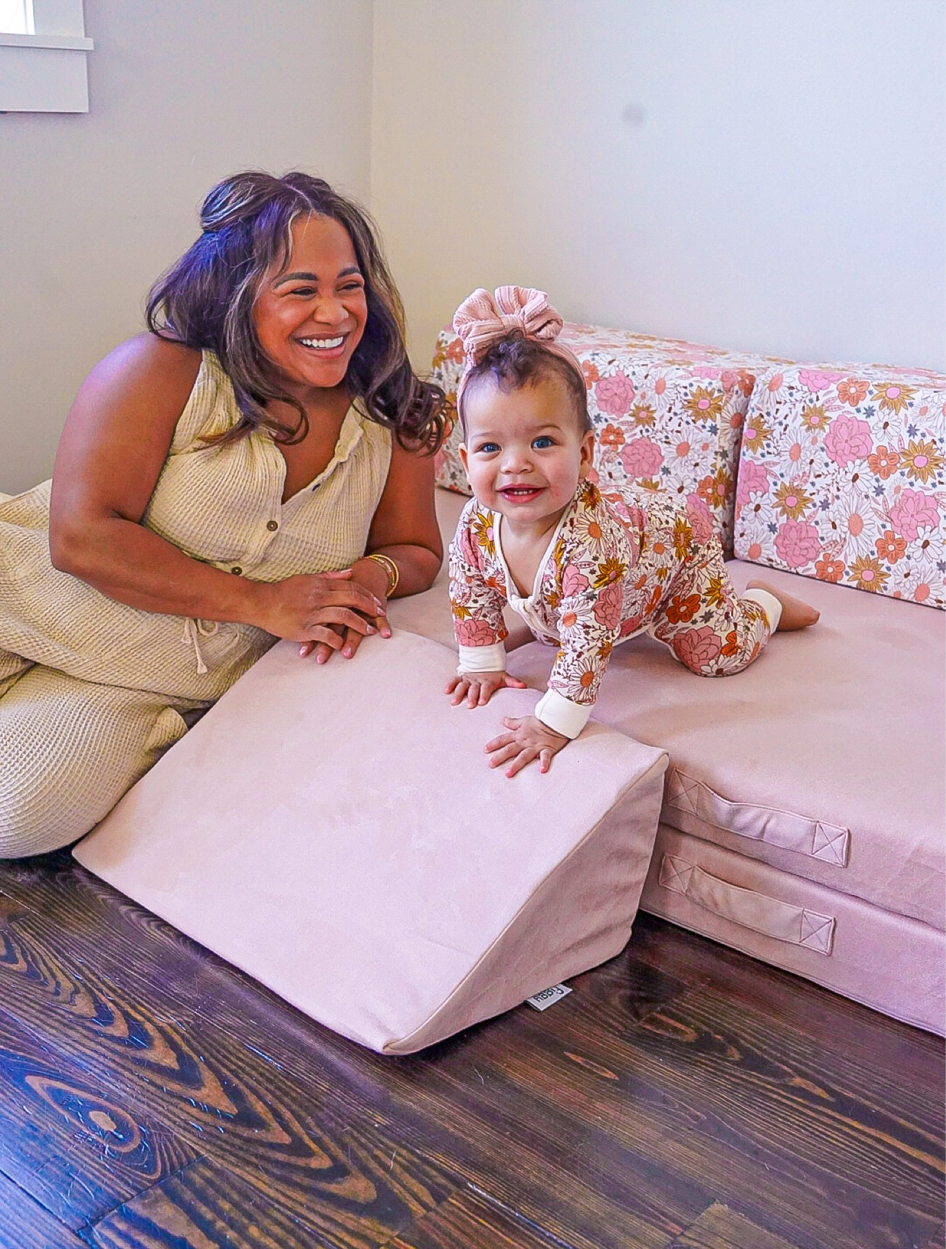 our play couch: you can order as two piece pillows, 6 piece couch or all 7 pieces as picture. Rizzo is wearing a size 12-18 and pjs run true to size. My jumpsuit is a size medium. 

#LTKfamily #LTKbaby