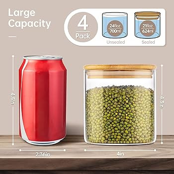 21oz - 4 Pack Glass Jars with Bamboo Lids, Glass Food Storage Containers with Airtight Lids, Air ... | Amazon (US)